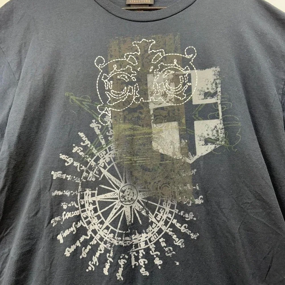 Structure Mens Graphic T-Shirt XL Navy Blue Cotton Compass Shield Print Tee
